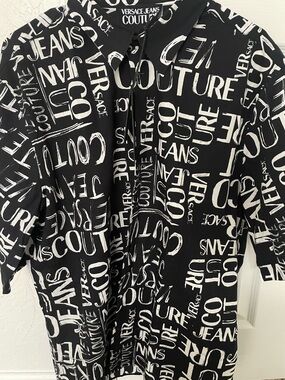 Versace Jeans Collection Black and White Logo Print Button-Down Shirt